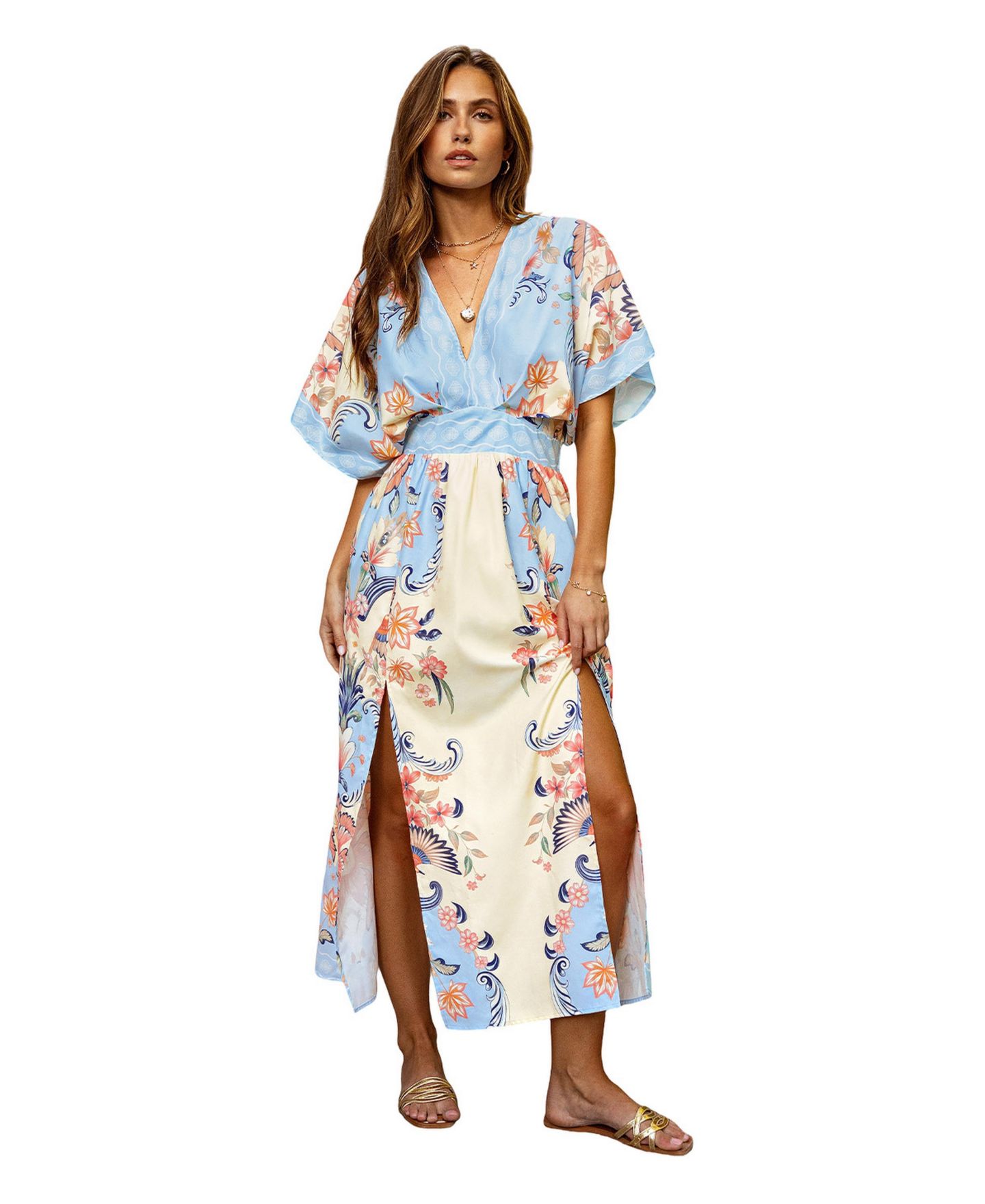 Женское платье Cupshe Plunging V-Neck Short-Sleeve Woven Maxi, цвет: Синий — фото 3