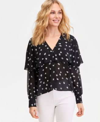 Women's Long-Sleeve Printed Capelet Blouse