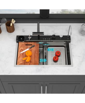 30x19x9inch Smart Waterfall Kitchen Sink Workstation Stainless Steel 16 Gauge with Faucet
