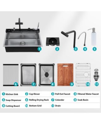 30x19x9inch Smart Waterfall Kitchen Sink Workstation Stainless Steel 16 Gauge with Faucet