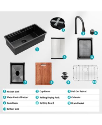 33x16.72x10inch Undermount Gunmetal Black Waterfall Kitchen Sink Stainless Steel Workstation