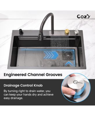 30x22inch Black Waterfall Kitchen Sink Stainless Steel Single Bowl Workstation SSBL12 with Flying rain Faucet Cutting Board