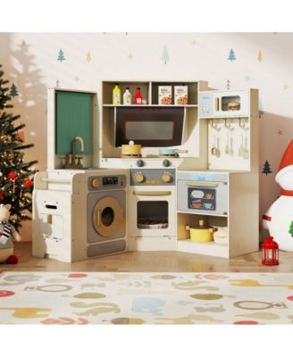 Kids Corner Wooden Play Kitchen with Realistic Cooking Features and Storage