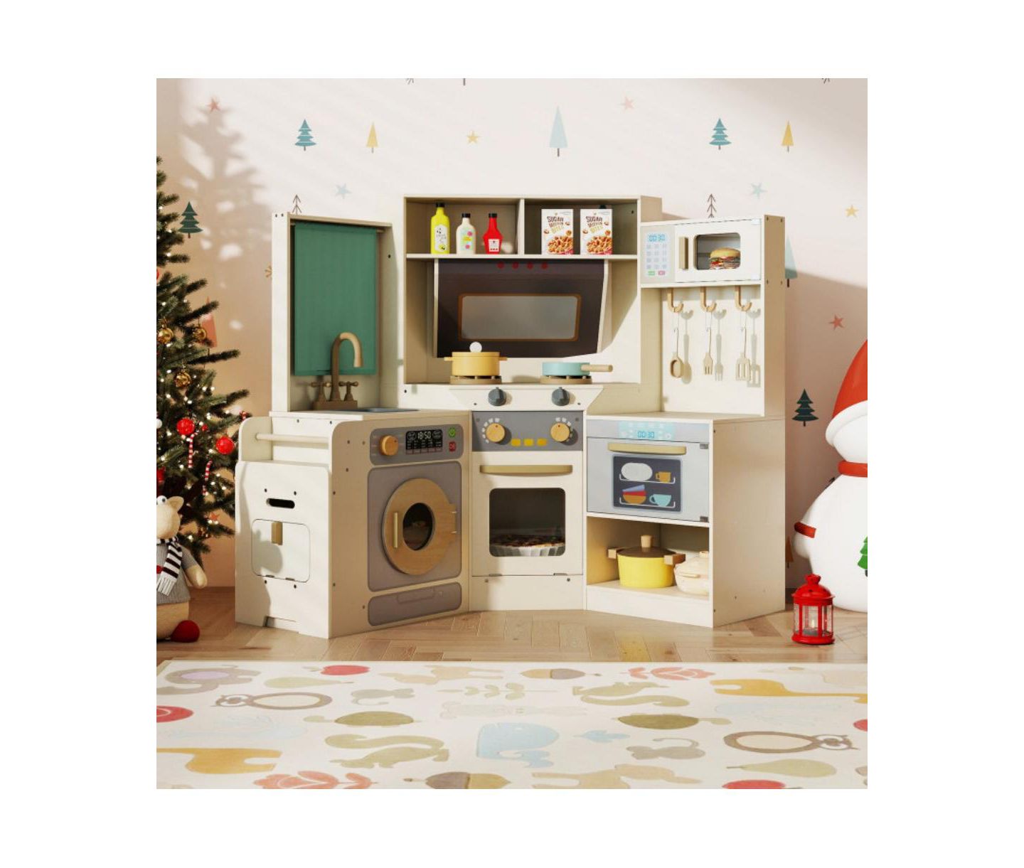 Детская игрушка HONGGE Interactive Wooden Corner Play Kitchen, Ages 3+, цвет: Бежевый / Хаки — фото 2