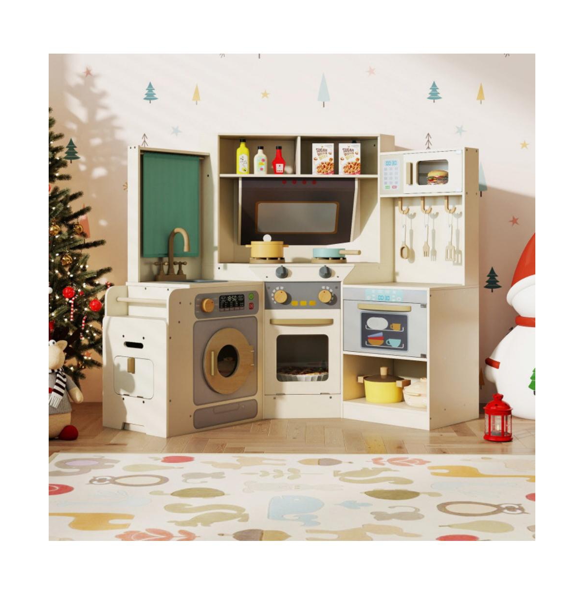 Hongge Kids Corner Wooden Play Kitchen with Realistic Cooking Features and Storage