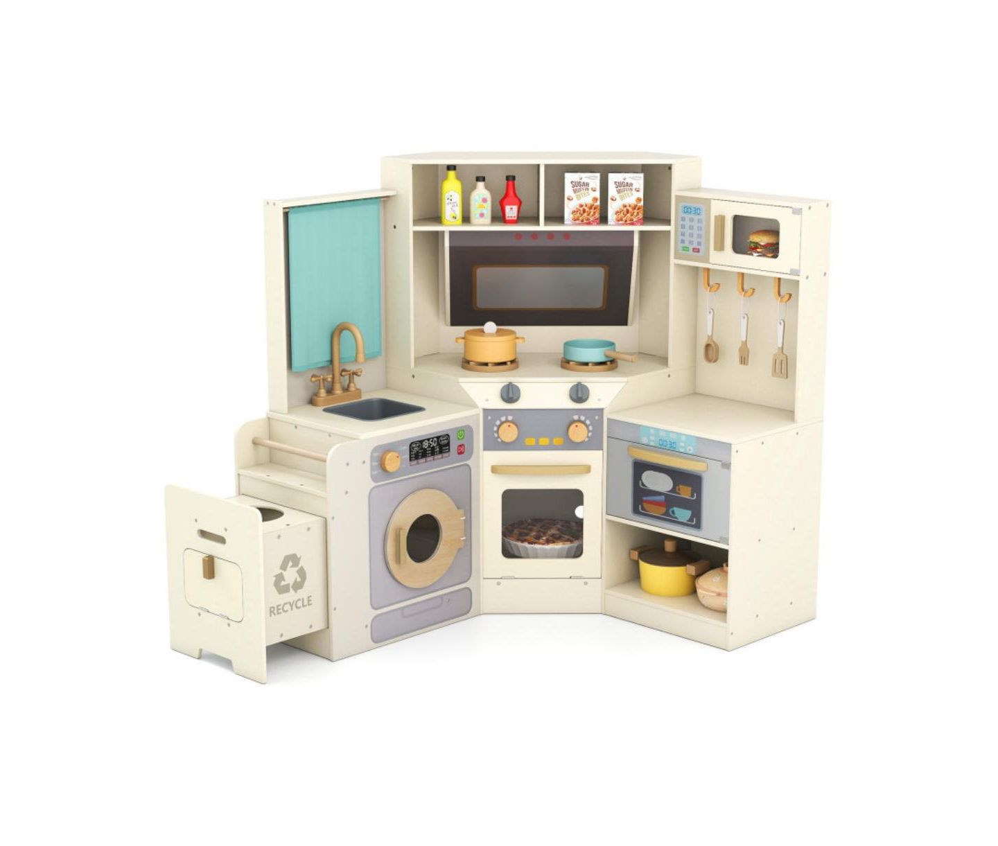 Детская игрушка HONGGE Interactive Wooden Corner Play Kitchen, Ages 3+, цвет: Бежевый / Хаки — фото 1