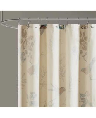 72-inch Beige Khaki Cotton Shower Curtain with Vintage Birds Leaf Floral Print