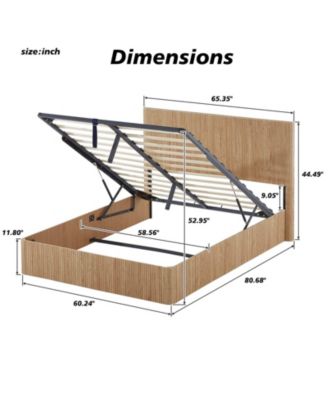 Queen Size Lift-Up Storage Bed Frame with Hydraulic System, Wooden Corrugated Curved Lines.