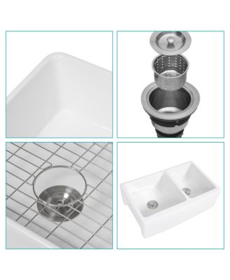 White Ceramic Porcelain 6040 Double Bowl Farmhouse Kitchen Sink with Stainless Steel Accessories