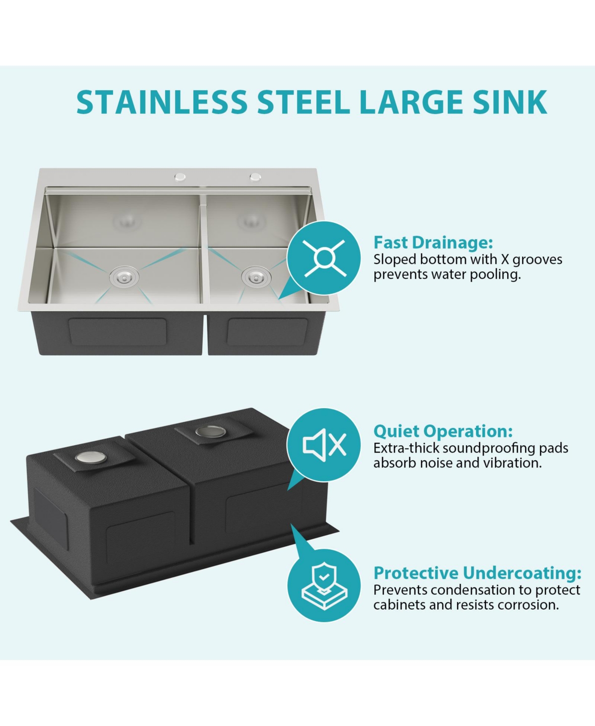 flynama 33x22x10inch 16 Gauge T304 Stainless Steel Topmount Drop In 6040 Double Bowl Brushed Nickel Kitchen Sink with Workstation Track