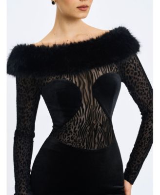 Women's Alexis Black Animal Print Fur Boatneck Maxi Dress