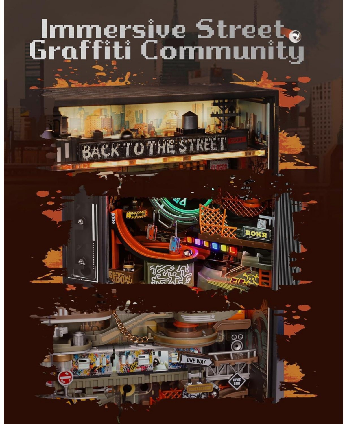 Robotime 3D Puzzle, Electric Marble Run Model Kits, Parallel World Hip-hop Street, Desk Decoration, Building Sets for Adults Boys Girls Birthday Gifts