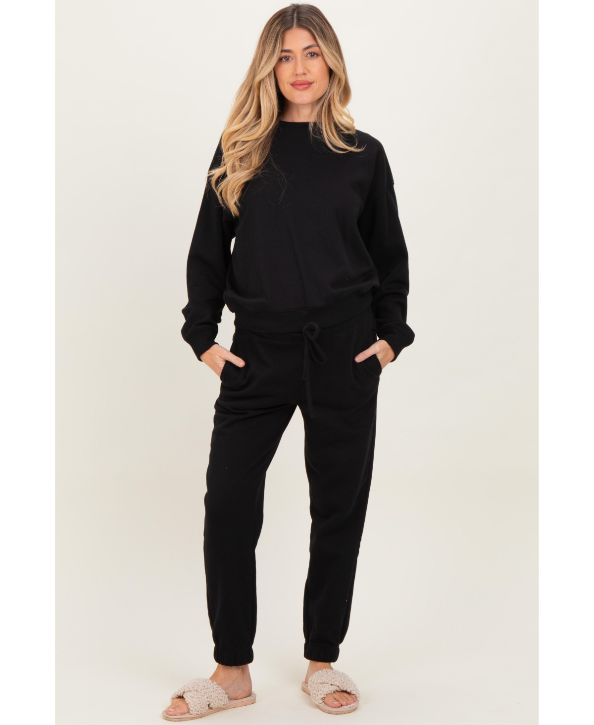 Pinkblush Maternity Black Fleece Long Sleeve Pullover & Jogger Set Maternity Pinkblush Black Fleece Long Sleeve Pullover & Jogger Set