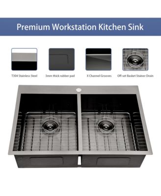 Undermount Kitchen Sink Gunmetal 16G T304 Stainless Steel Ledge Workstation with Full Accessories Nano Plating