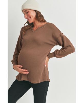 Maternity Ribbed Split Neck Long Sleeve Top