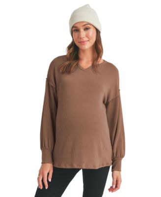 Maternity Ribbed Split Neck Long Sleeve Top