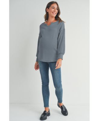 Maternity Ribbed Split Neck Long Sleeve Top