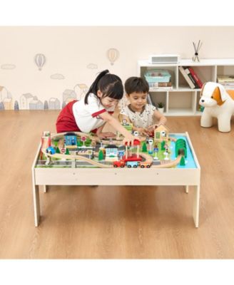 Train Table, 84 Multicolor Pieces Wooden Kids Activity Table with Collapsible Storage Bin