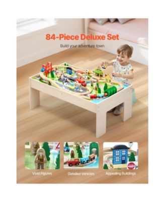Train Table, 84 Multicolor Pieces Wooden Kids Activity Table with Collapsible Storage Bin