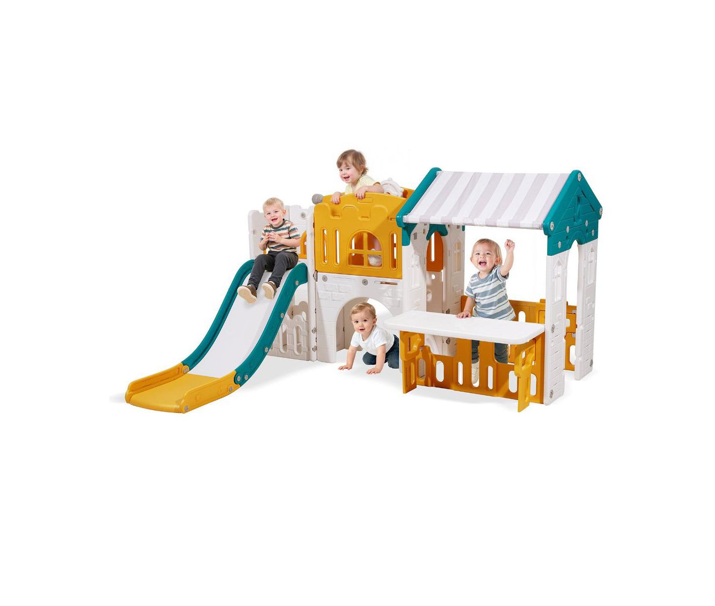 Детский игровой набор Slickblue Hdpe Toddler Playset with Slide, Basketball Hoop & Telescope, 73.6"L x 59.4"W x 43.5"H, Ages 1-3, цвет: Белый / Жёлтый — фото 1