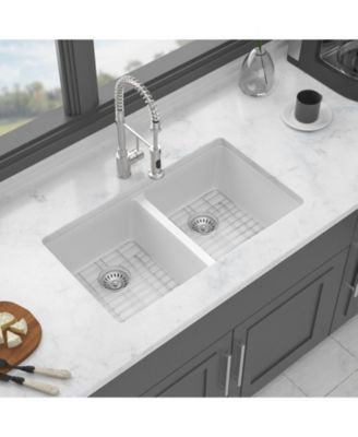 33x19x10.33inch White Quartz Composite Kitchen Sink Double Bowl Undermount