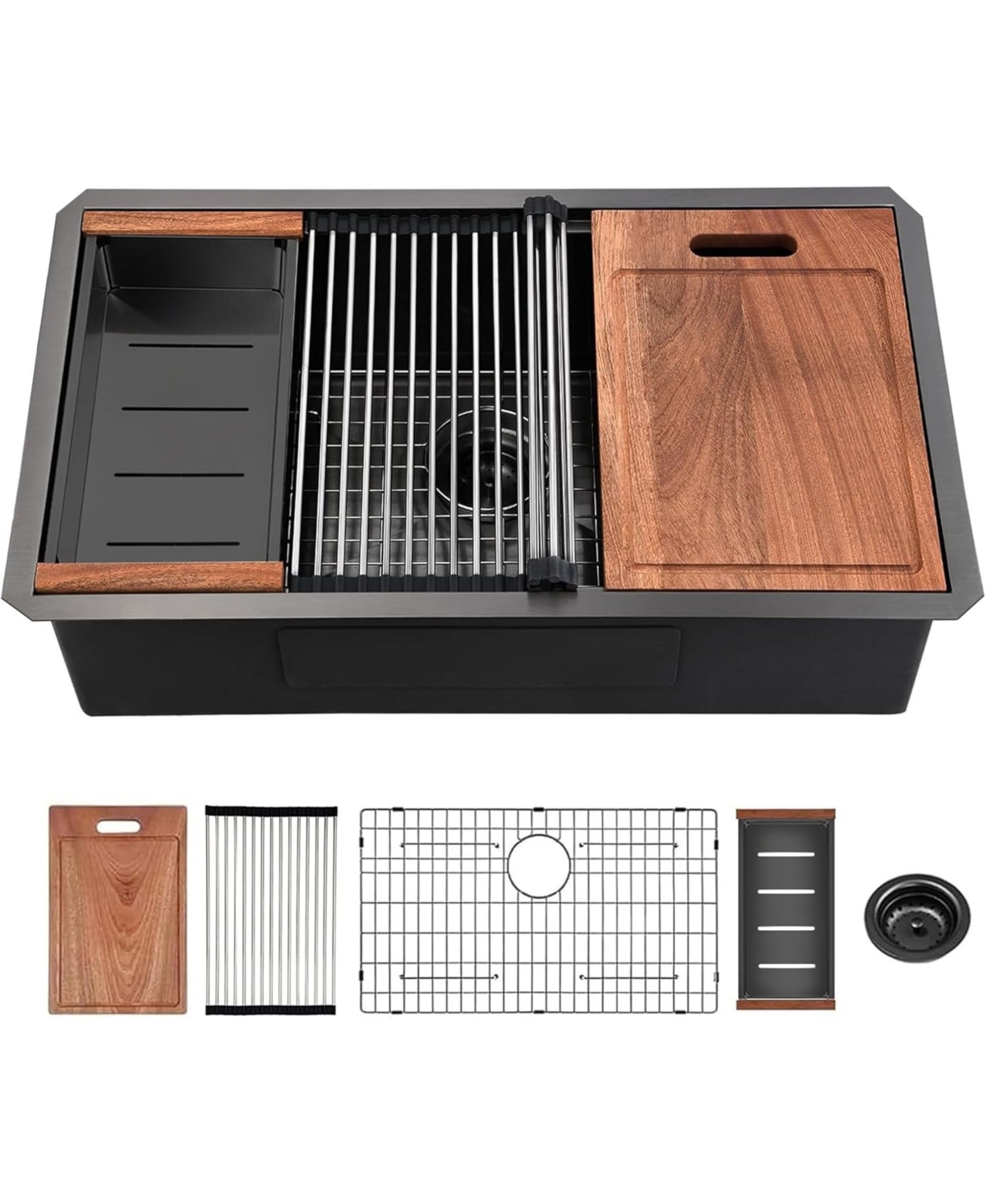 flynama 32x19inch Gunmetal Black Undermount Workstation Sink 16 Gauge 304 Stainless Steel 10 Inch Deep with Full Accessories