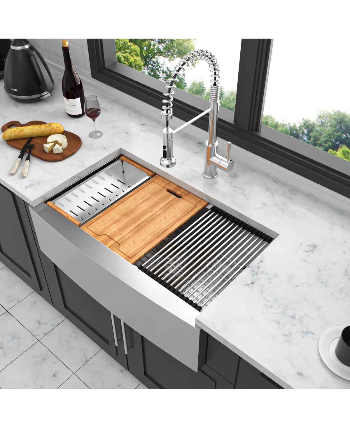 Flynama 36x22x10inch Farmhouse Kitchen Sink Workstation Stainless Steel Apron Front 16 Gauge