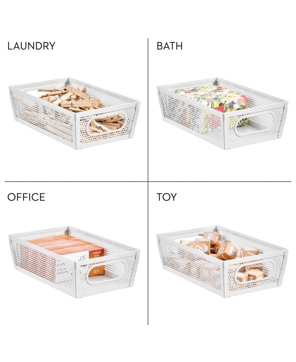 mDesign Perforated Metal Storage Bin with Handles - Set of 2 - Matte White