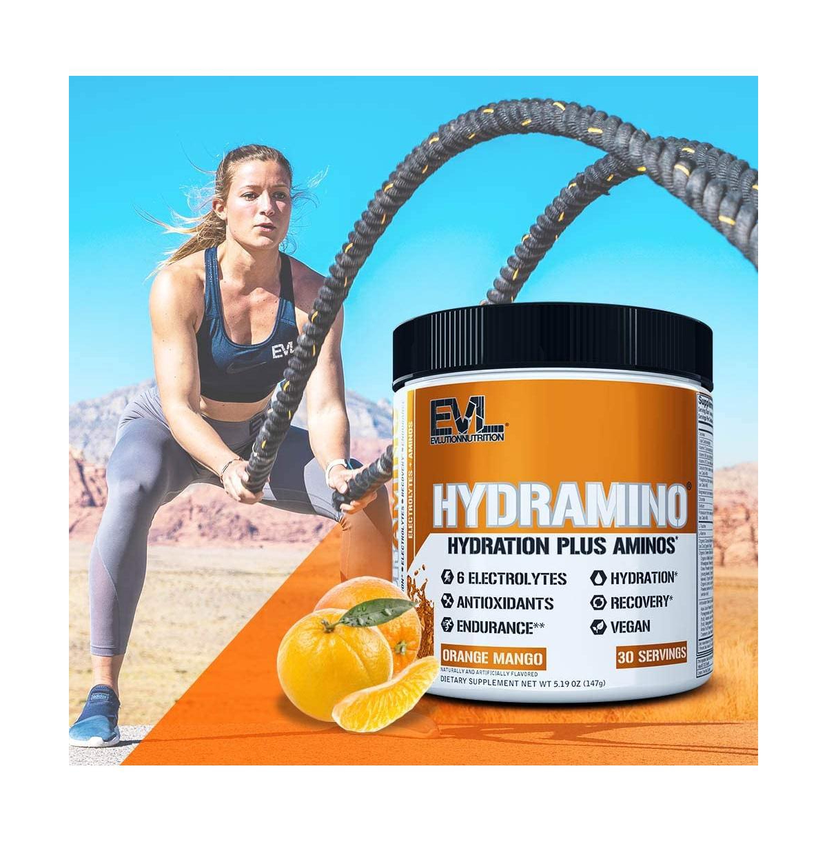Evl Hydramino Complete Hydration Multiplier |Vitamin C & B, Fluid Boosting Aminos, Coconut Water, Endurance, Recovery, Orange Mango