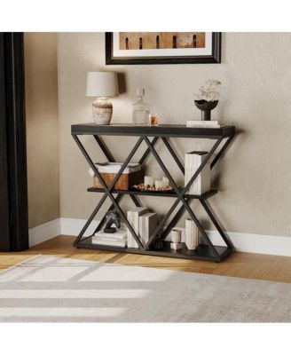 Industrial 3-Tier Entryway Table with X-Shaped Metal- Warm Rustic Vintage Wood Tone, Double X Metal Frames with 2 Shelves