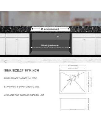21x18x9 Inch Undermount Stainless Steel Kitchen Sink 16 Gauge 304 Single Bowl With Drain Assembly