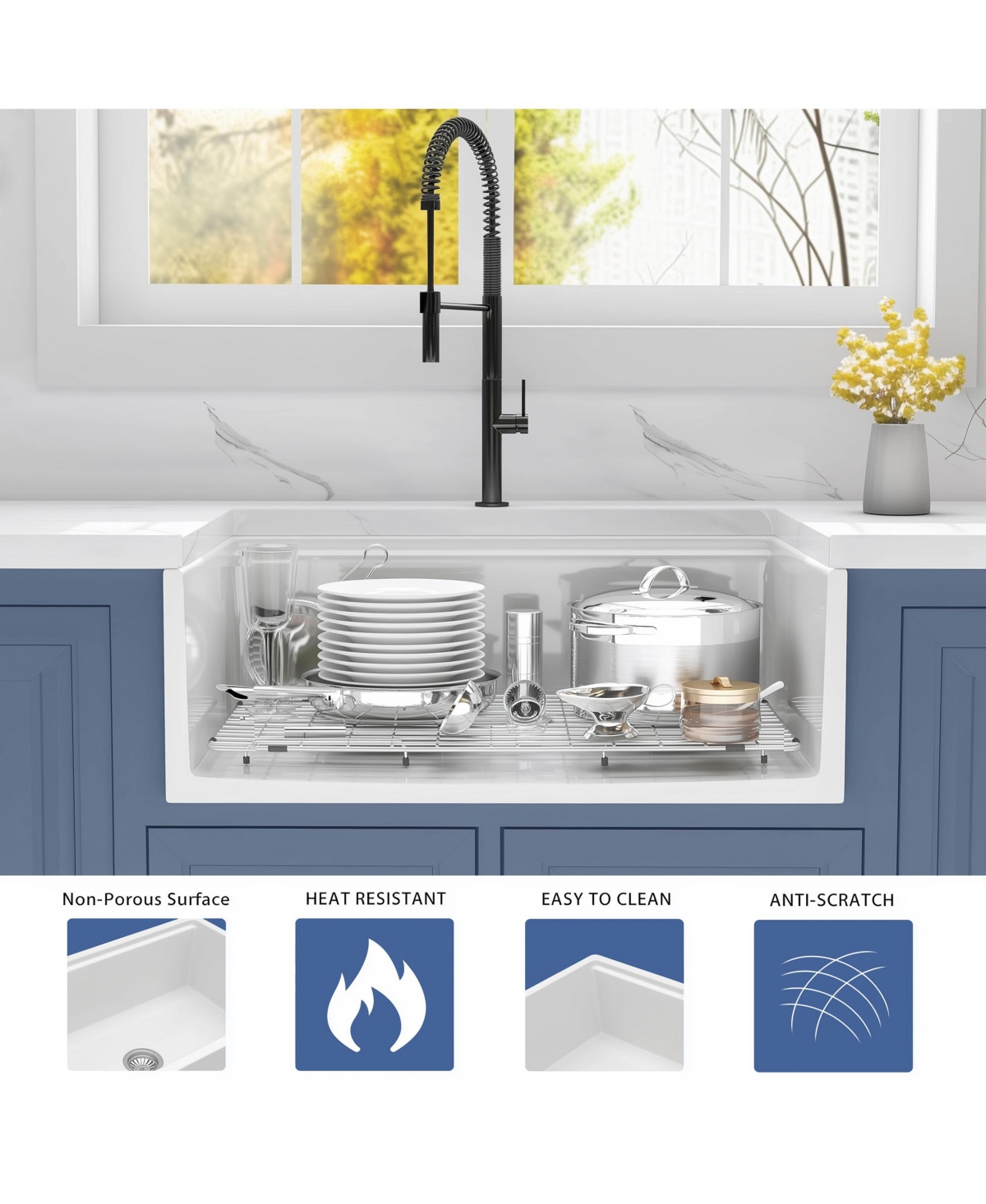 flynama 30x20x10inch White Fireclay Farmhouse Sink Workstation Reversible Apron Front