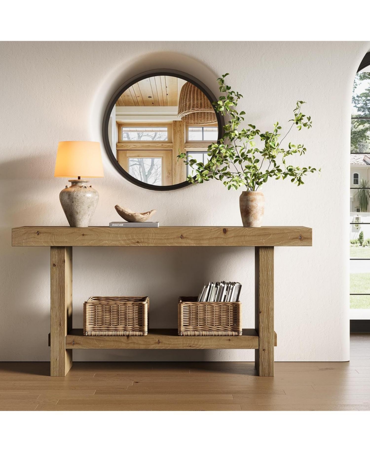 Tribesigns 63-Inch Solid Wood Console Table, 2-Tier Narrow Farmhouse Entryway Table for Hallway, Entrance, Living Room, Behind The Couch,Brown