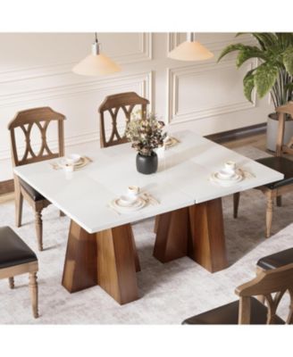 47-Inch Kitchen Dining Table for 4-6,White Rectangular Dining Table with Walnut Wood Base, Modern Wooden Eating Table