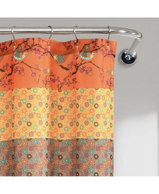 72-inch Orange Teal Floral Damask Boho Birds Polyester Shower Curtain