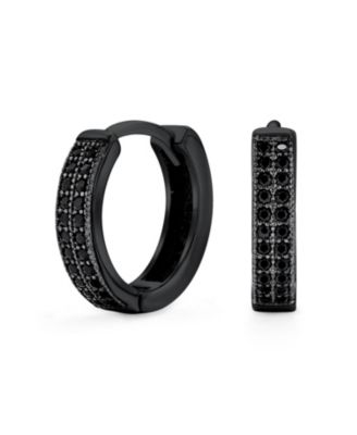 Set of 2 Black Pave CZ Cubic Zirconia Round Inside Out & 2 Row Huggie Hoop Earrings Black Rhodium Plated