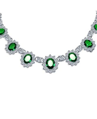 Estate Style Oval Crown Halo Green Emerald Cubic Zirconia CZ Statement Necklace