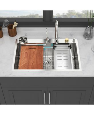 33x22x10inch 16 Gauge T304 Stainless Steel Drop In Waterfall Workstation Kitchen Sink with Pull Down Faucet and Cup Washer