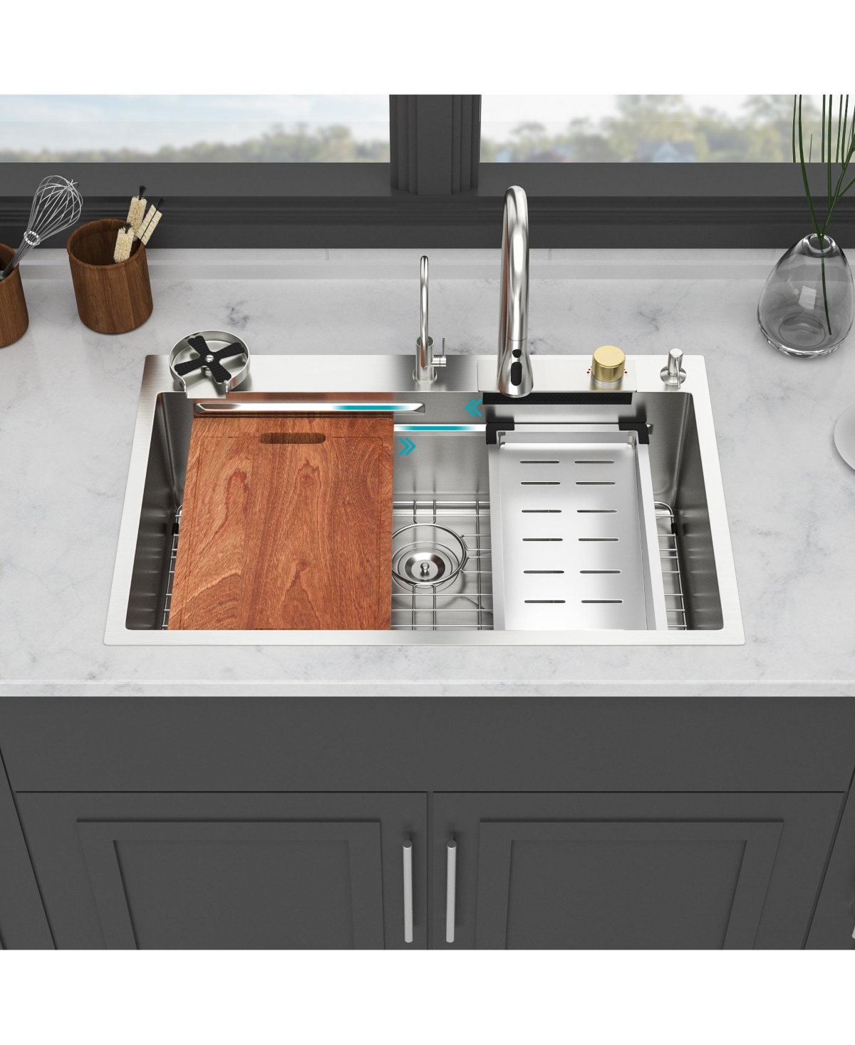 flynama 33x22x10inch 16 Gauge T304 Stainless Steel Drop In Waterfall Workstation Kitchen Sink with Pull Down Faucet and Cup Washer