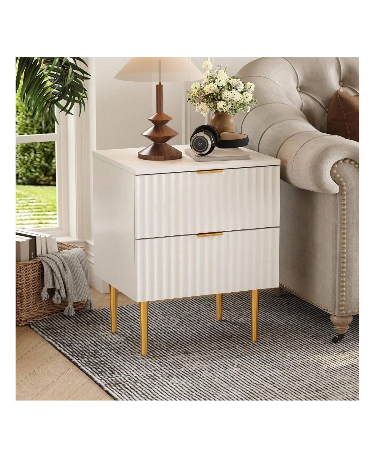 gaomon Modern Nightstand With 2 Drawers Golden And Wood Fluted Night Stand With Charging Station Bedside Table With Usb Ports