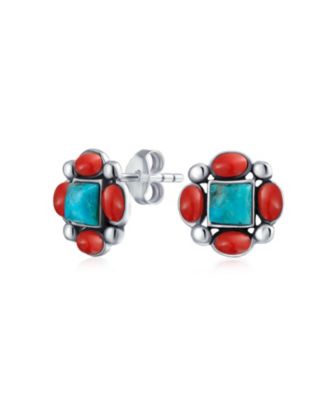 Western Native-American Style Turquoise & Red Stud Earrings .925 Sterling Silver