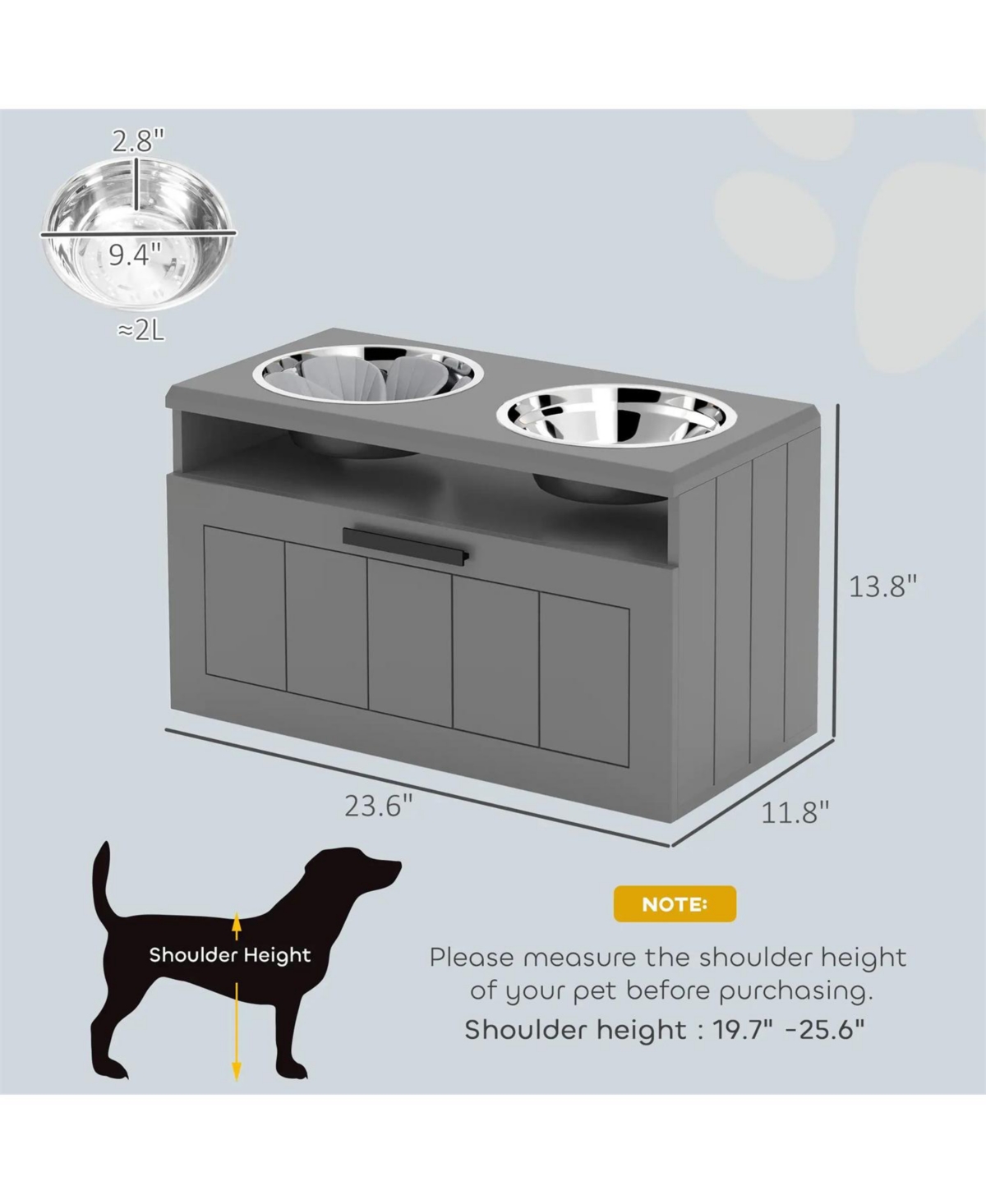 Aostirmotor 21.6 in. Wide Dog Bowls with 2 Stainless Steel Bowls in Grey