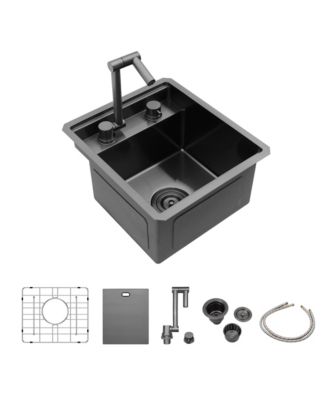 15x17x9inch Undermount Bar Sink with Folding Faucet Single Bowl 16 Gauge Gunmetal Black