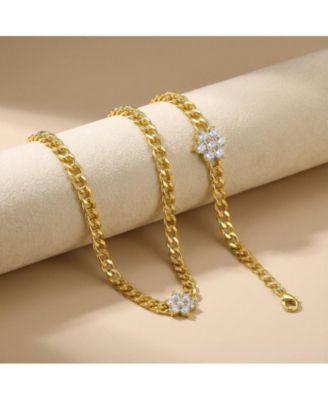 14k Gold Plated Chain Jewelry Set with Cubic Zirconia Flower Accent
