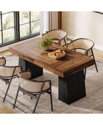 Dining Room Table for 4-6, 55-Inch Mid-Century Modern Dining Table with Double Pedstral, Rectangular Wood Kitchen Dinner Table