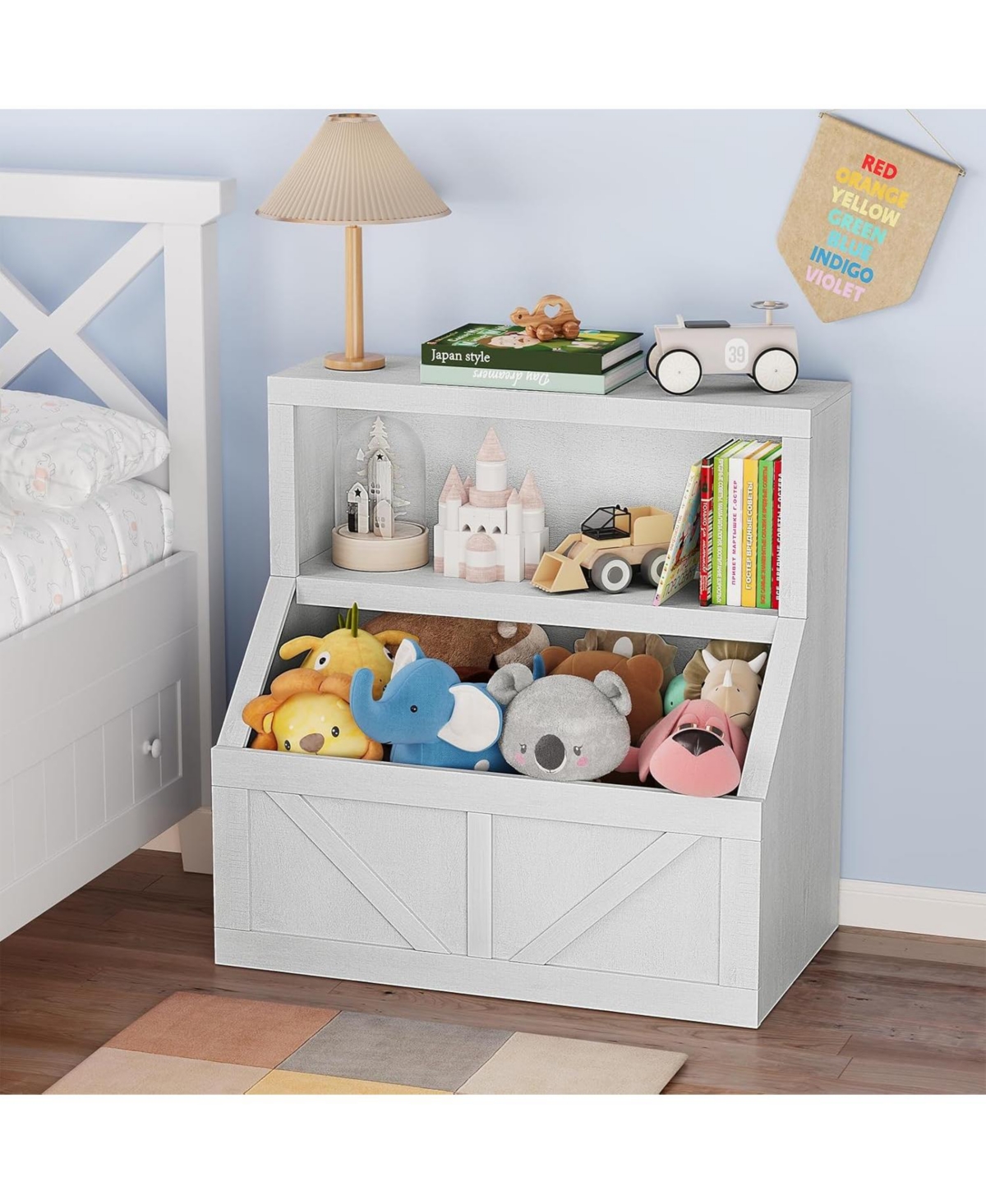 Kids Bookshelf with Toy Storage, Wooden Toddler Bookcase with Cubby Shelves, Vintage White