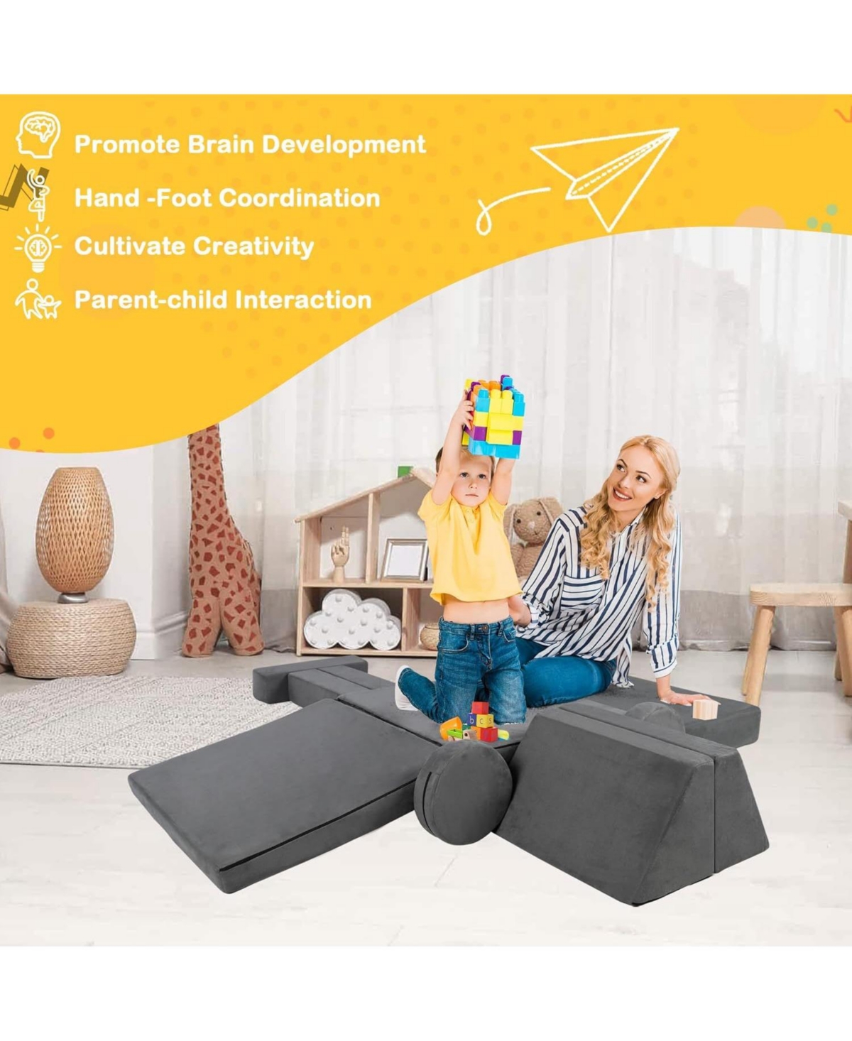 Kinder King 9-Piece Kids Modular Play Sofa, Convertible Foam Couch for Playroom, Grey