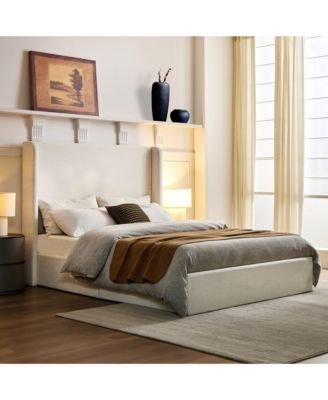 Carmen Upholstered Wingback Bed Frame with 54" Headboard, Textured Ivory Chenille
