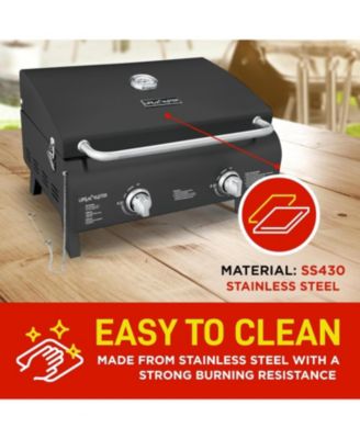 Portable 2-Burner Propane Gas Grill, Stainless Steel Tabletop BBQ with Foldable Legs, Wind-Resistant Lid, Easy-Clean, Camping
