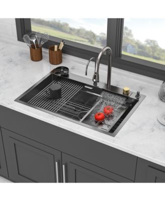 33x22x10inch Gunmetal Black Waterfall Kitchen Sink Drop In Stainless Steel Workstation